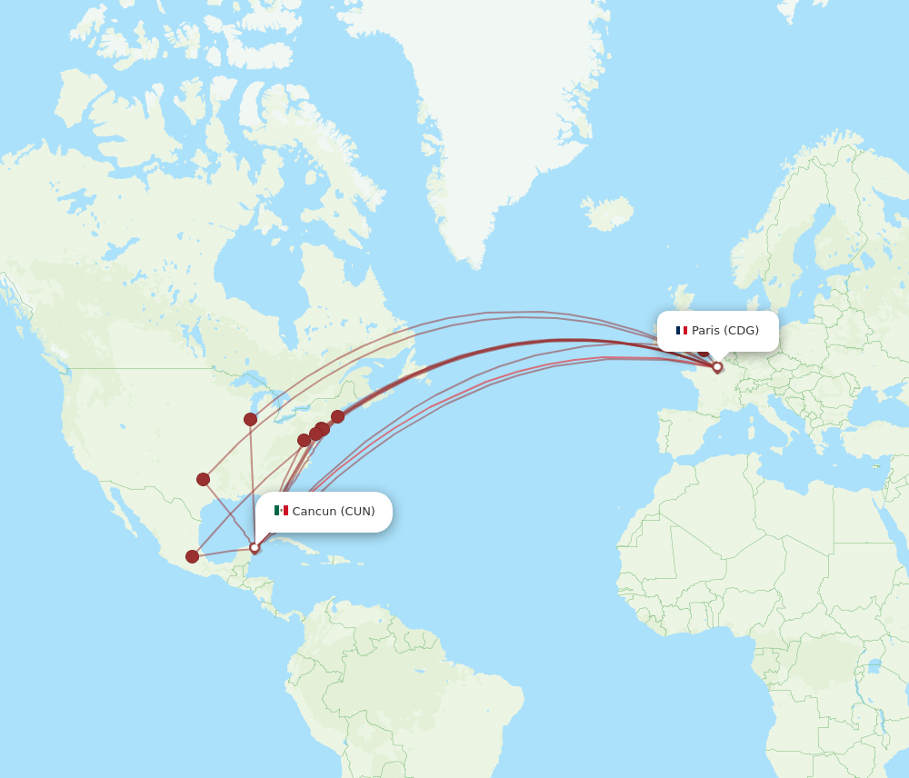 CUN to CDG flights and routes map