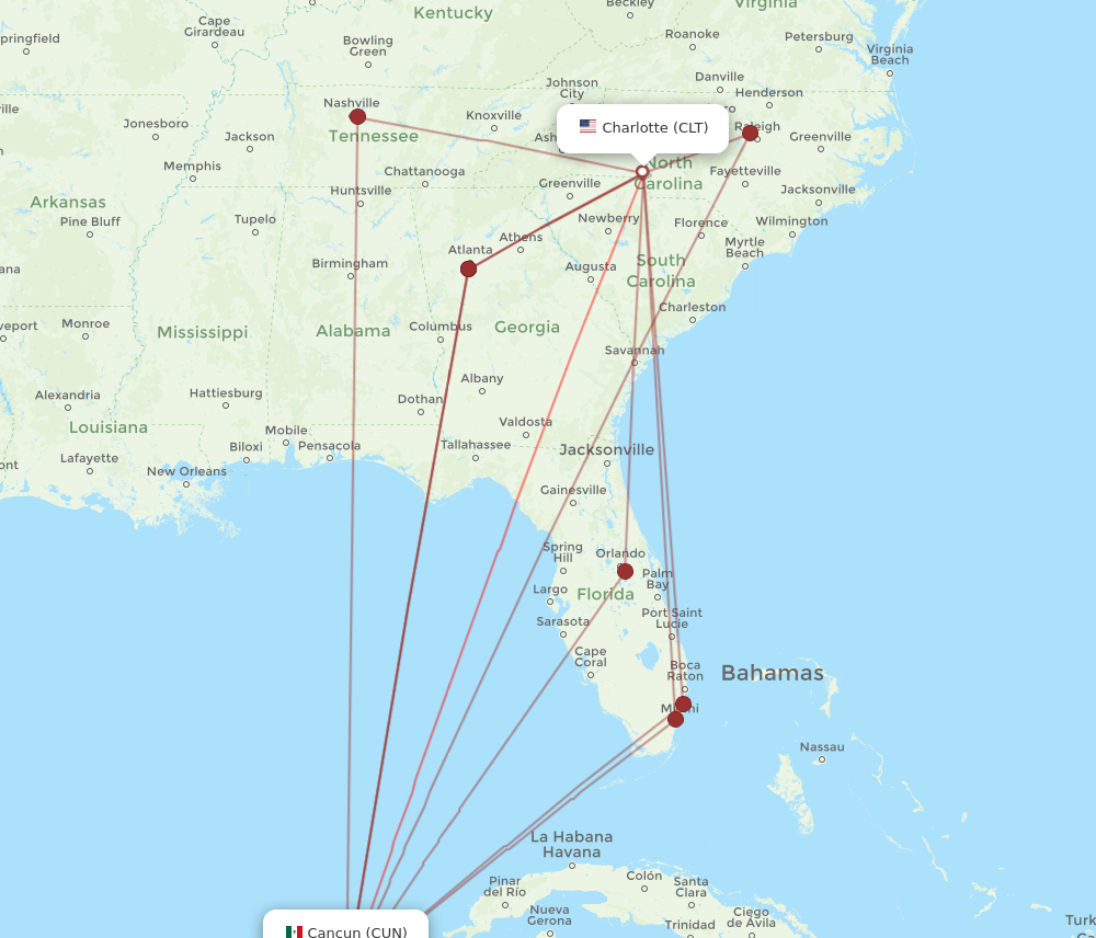 CUN to CLT flights and routes map