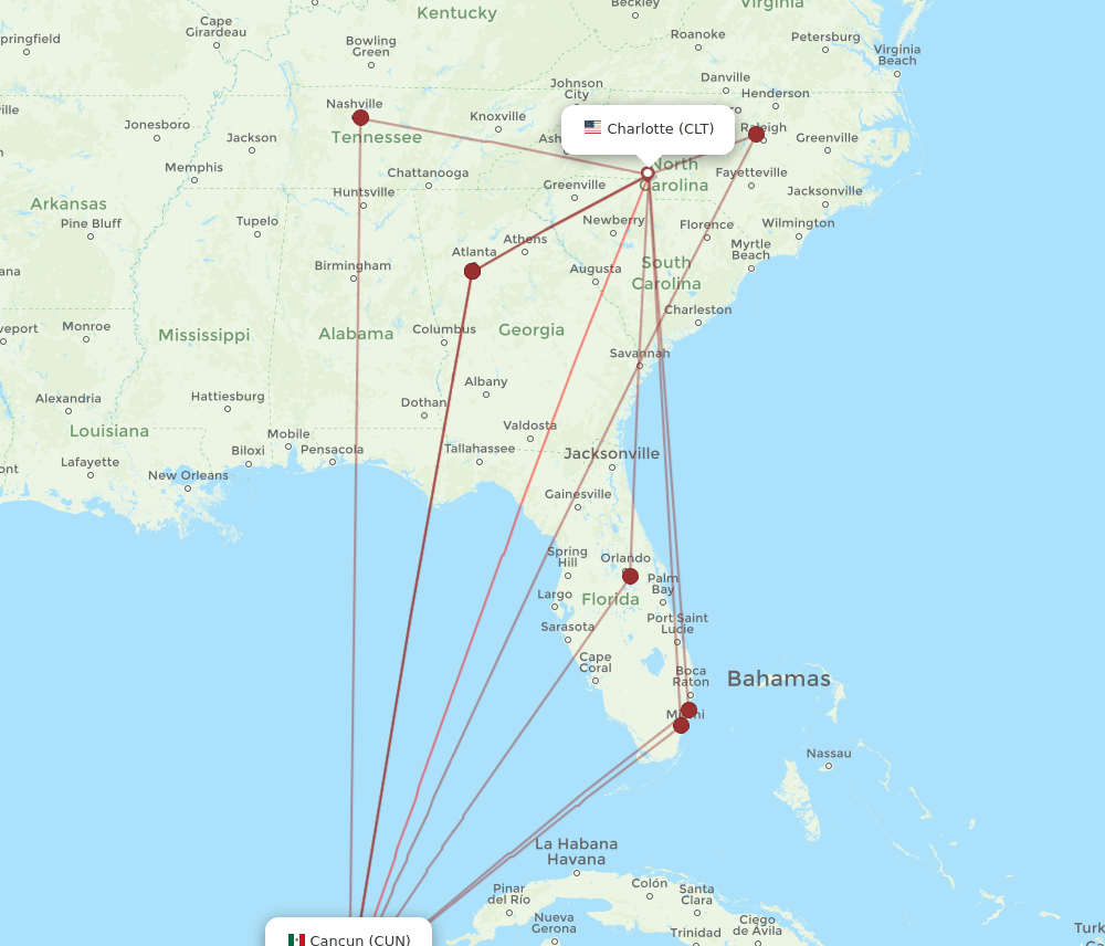 CUN-CLT flight routes