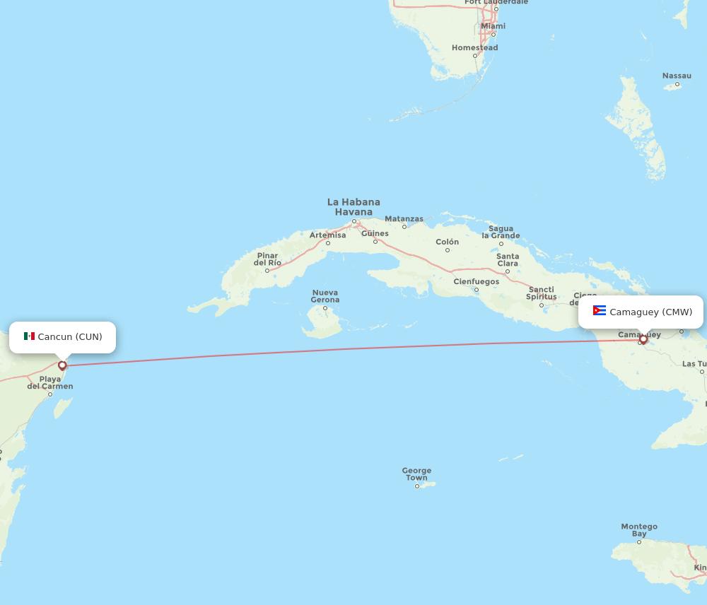 Cancun - Camaguey route map and flight paths