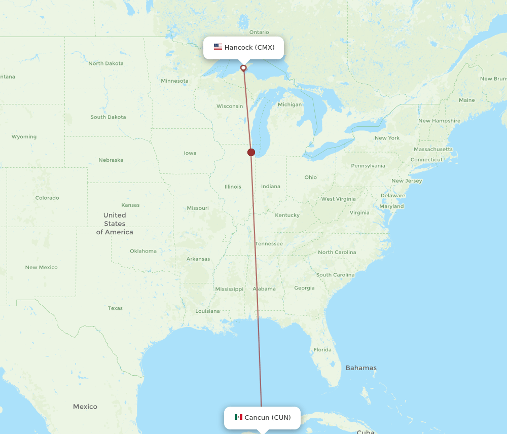 CUN to CMX flights and routes map
