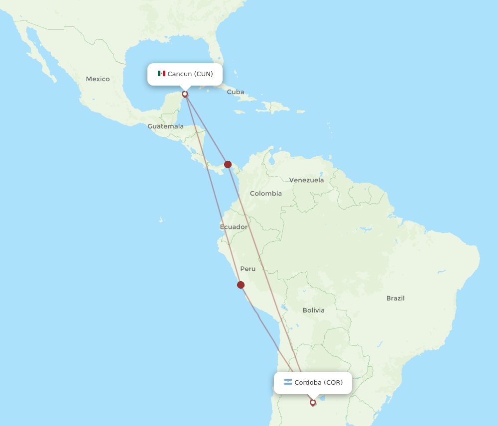 CUN to COR flights and routes map