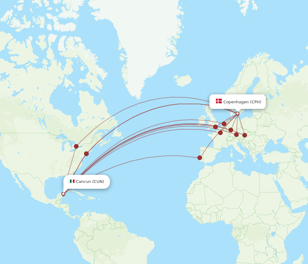 CUN to CPH flights and routes map