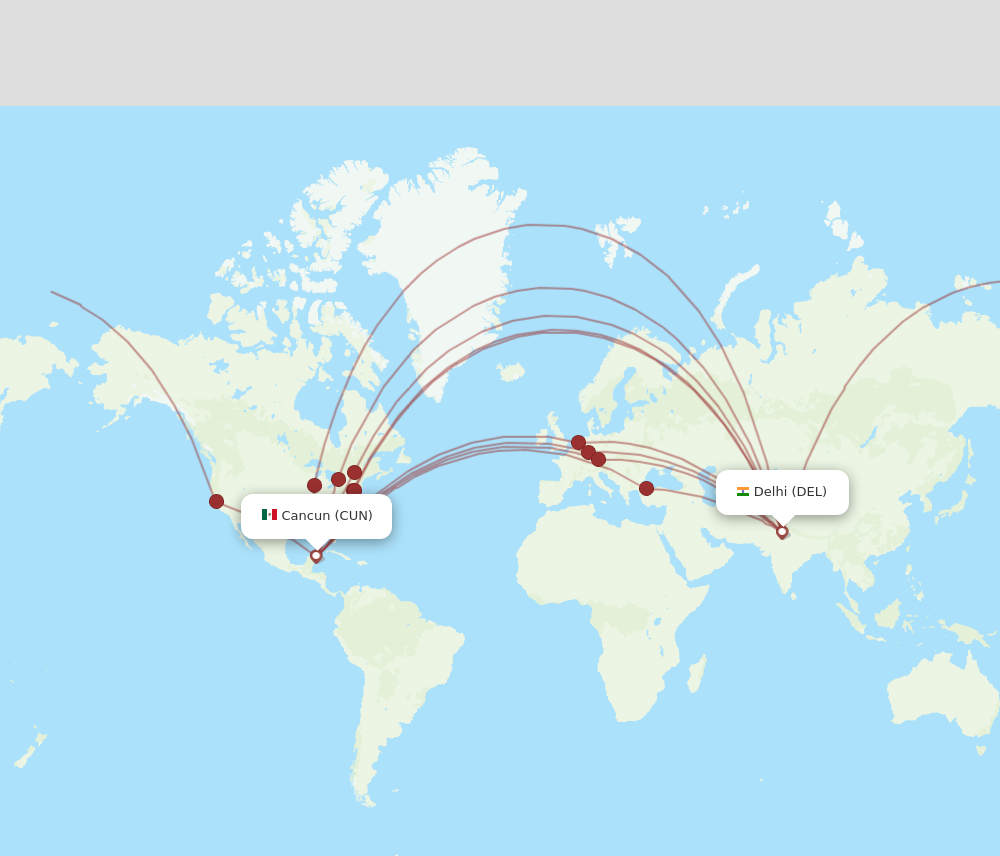 CUN to DEL flights and routes map