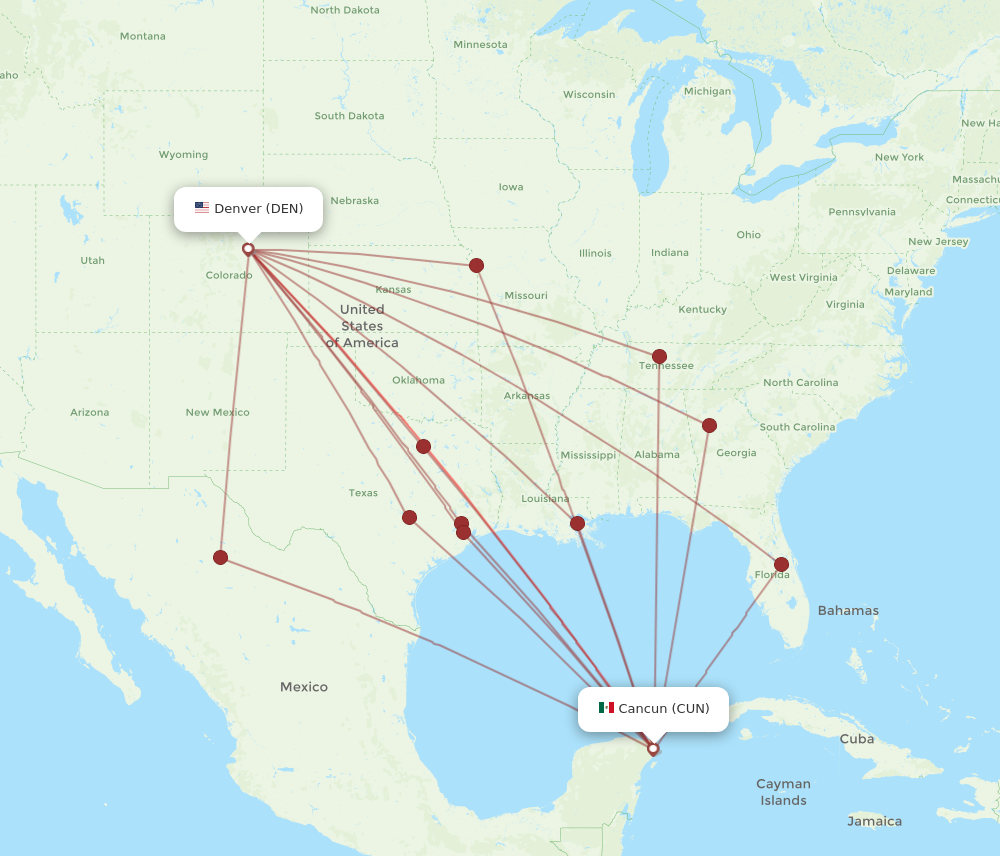 CUN to DEN flights and routes map