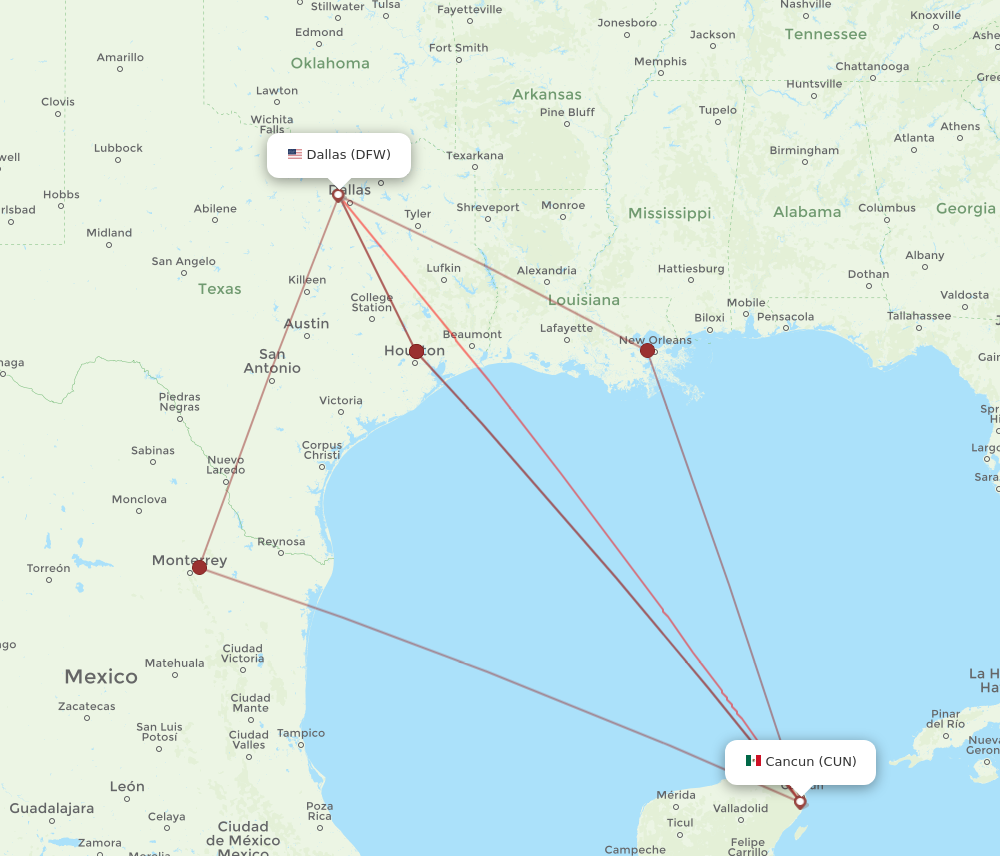 CUN to DFW flights and routes map
