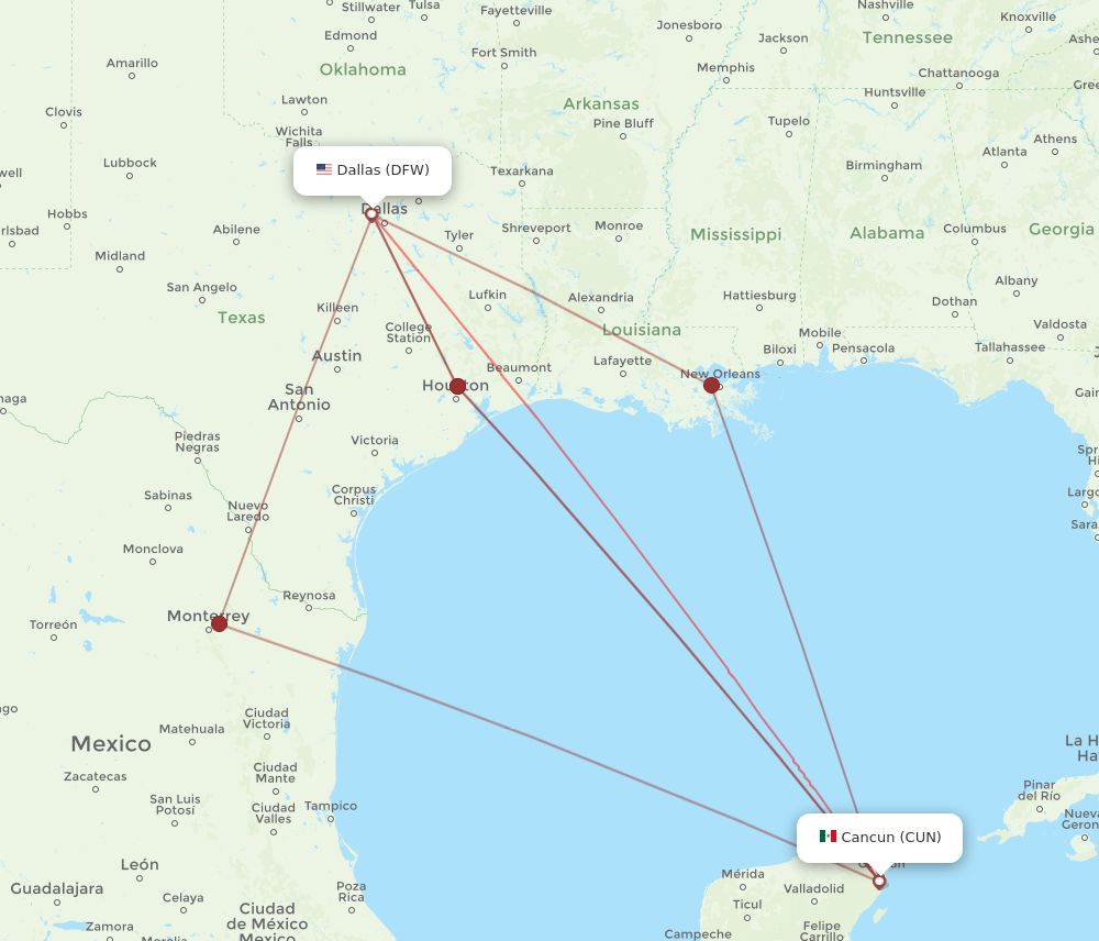 CUN-DFW flight routes