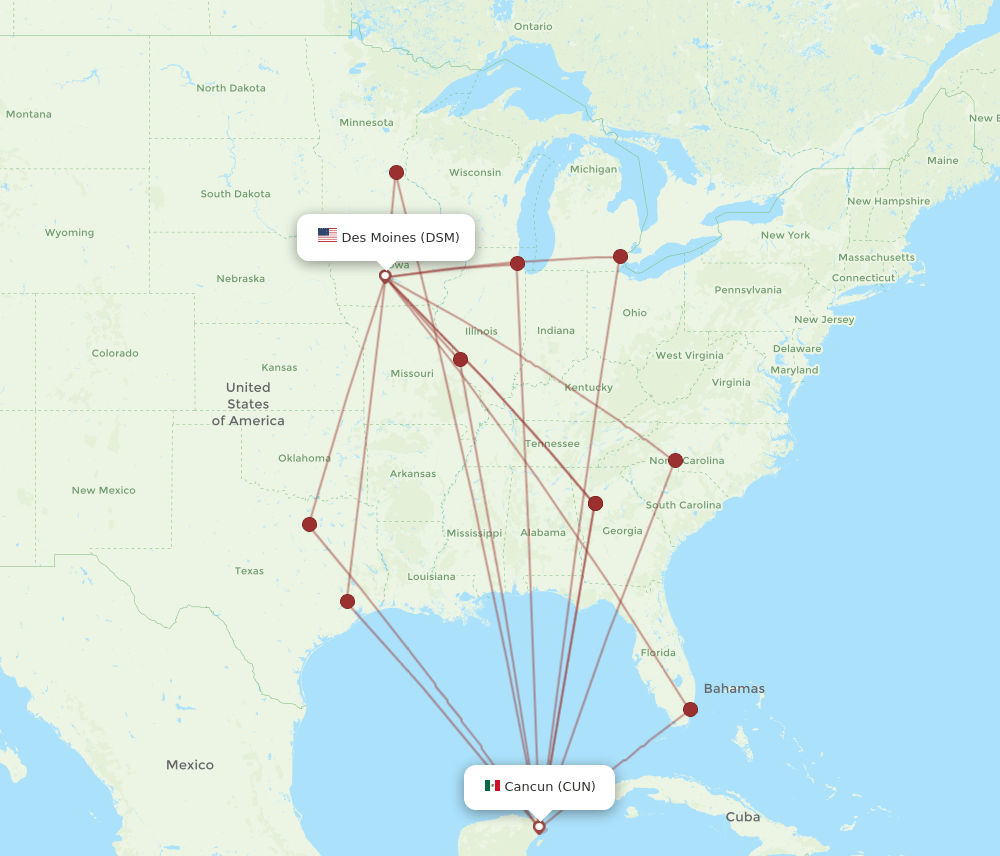 CUN-DSM flight routes