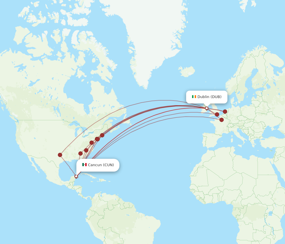 CUN to DUB flights and routes map