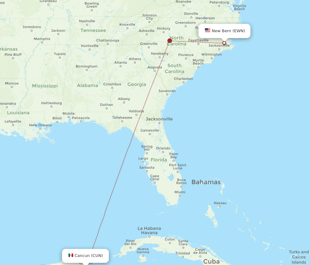 CUN to EWN flights and routes map