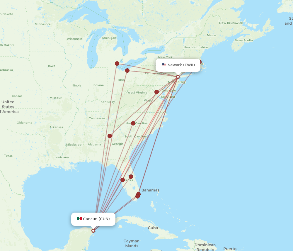 CUN to EWR flights and routes map