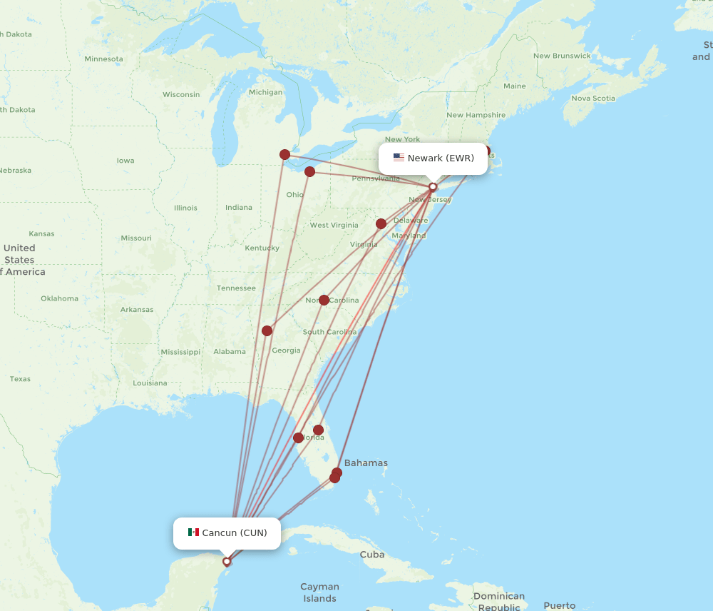 CUN-EWR flight routes
