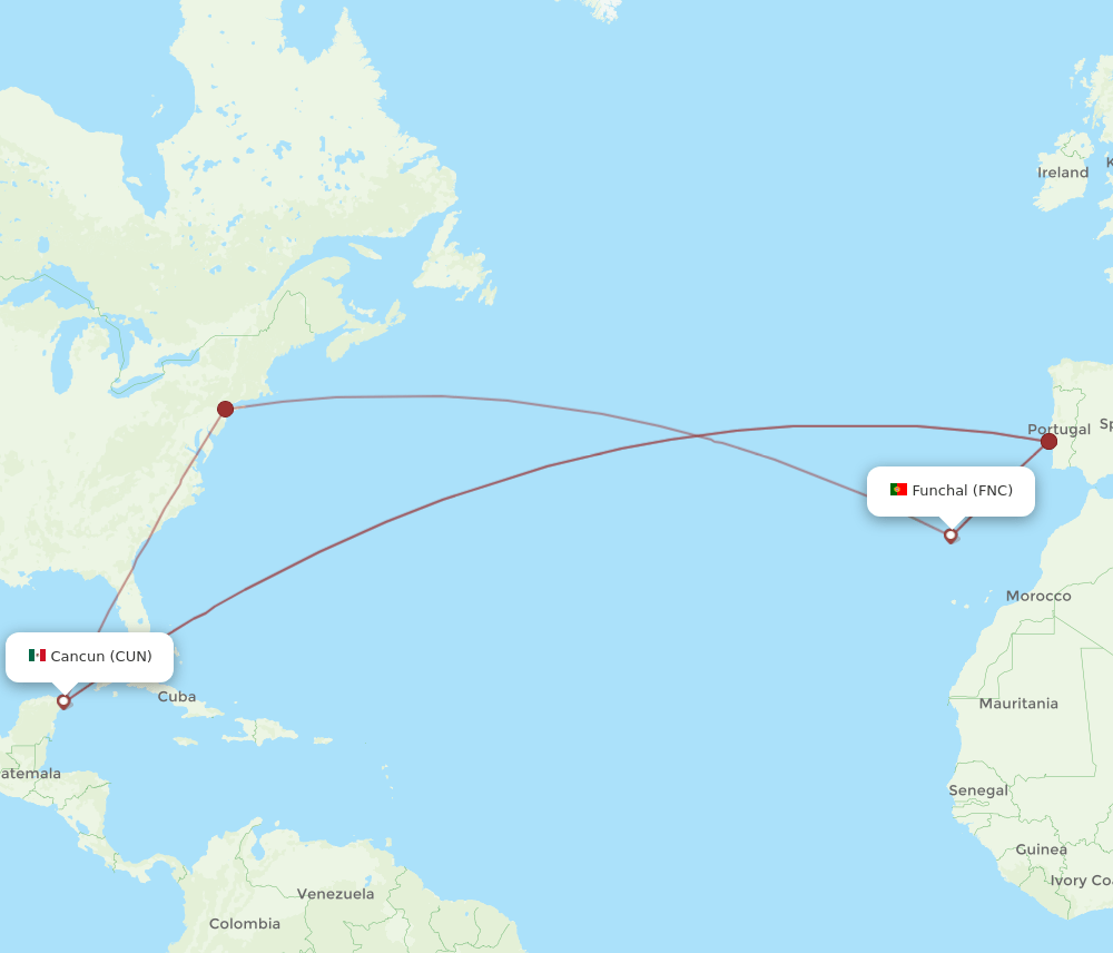 CUN to FNC flights and routes map