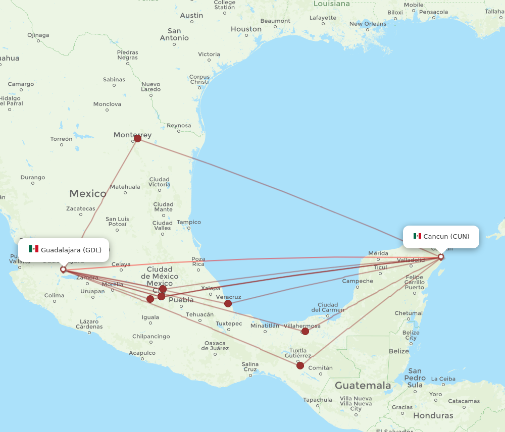 CUN to GDL flights and routes map