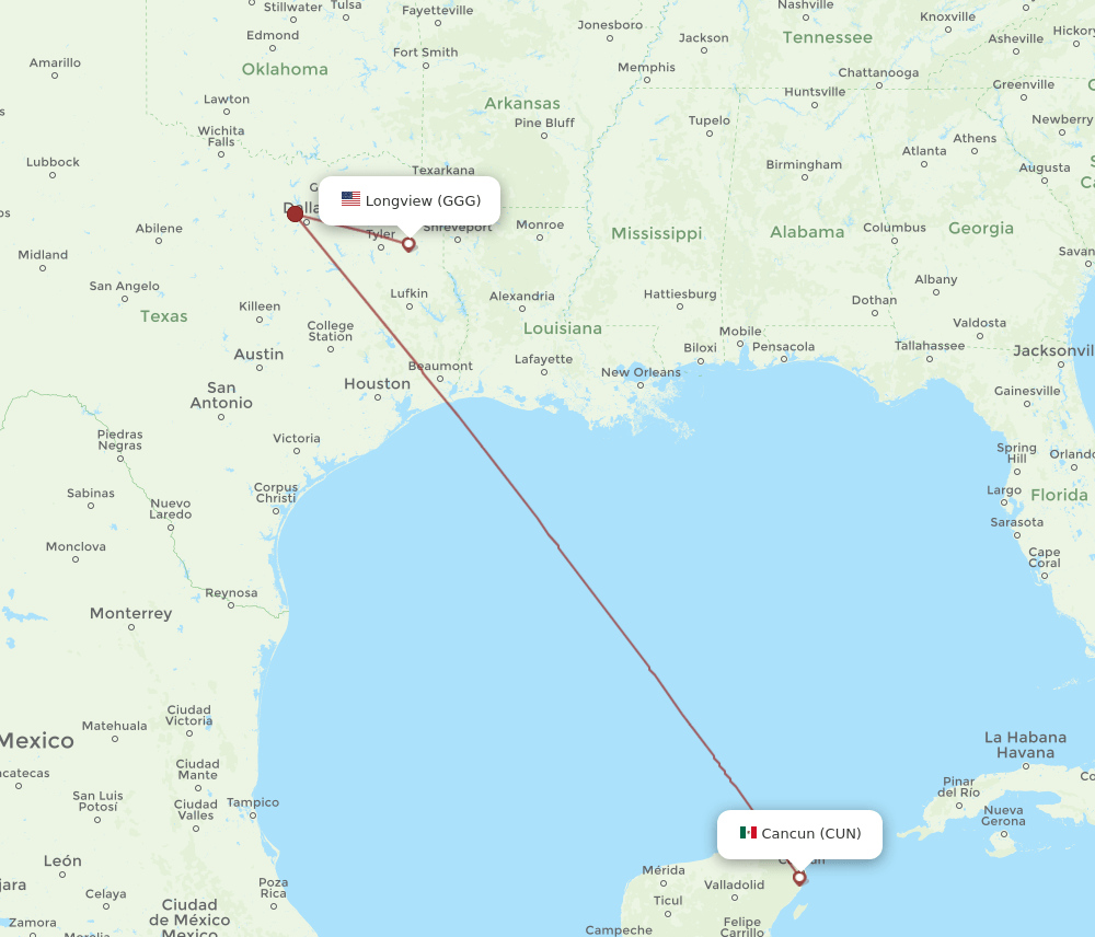 CUN-GGG flight routes