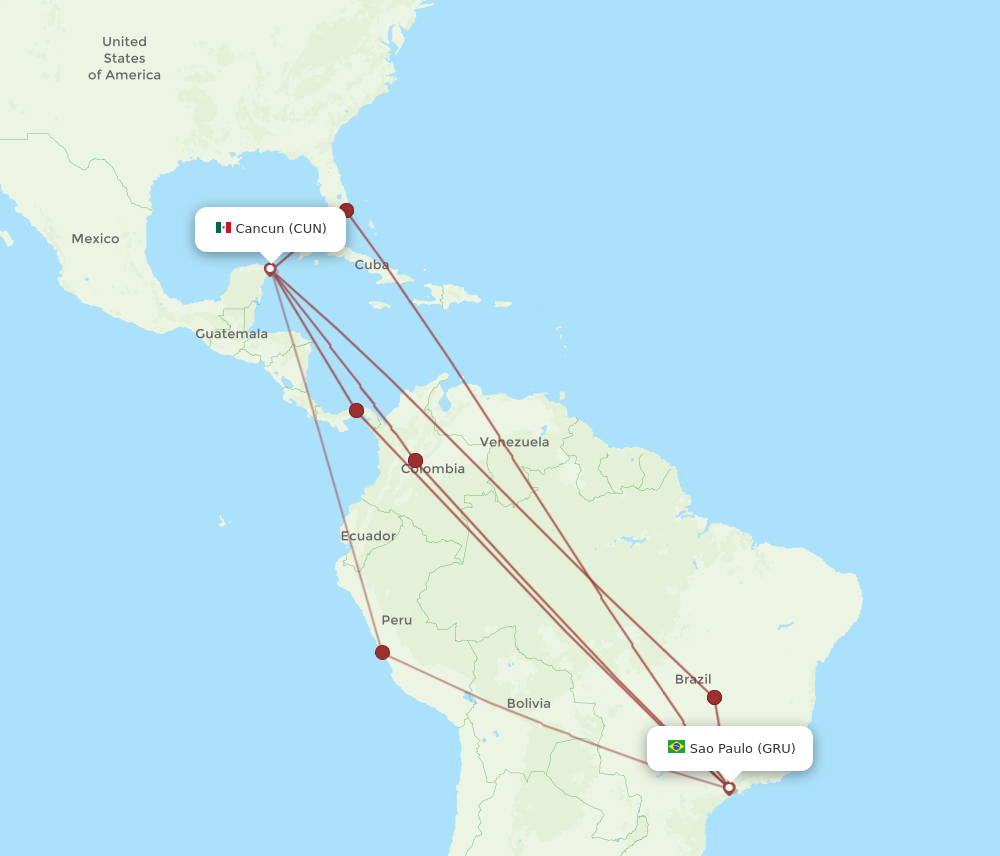CUN to GRU flights and routes map