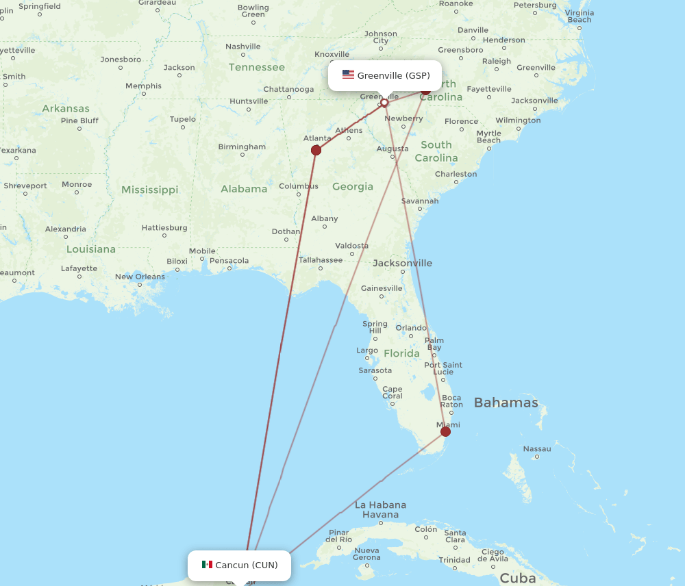 CUN-GSP flight routes