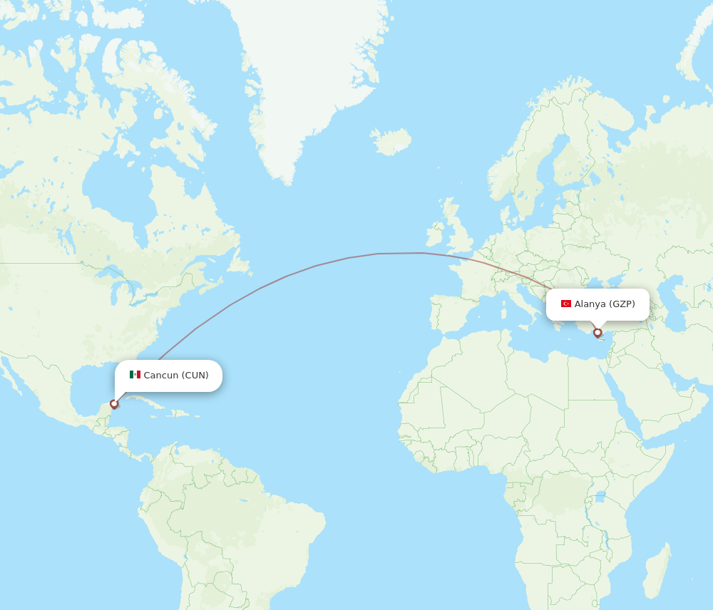CUN to GZP flights and routes map