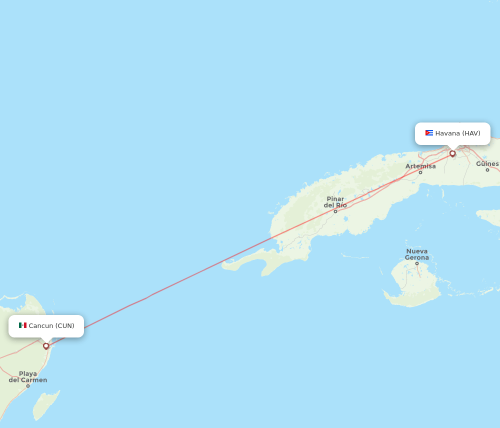 Cancun - Havana route map and flight paths
