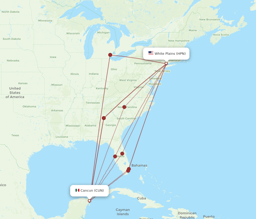 CUN-HPN flight routes