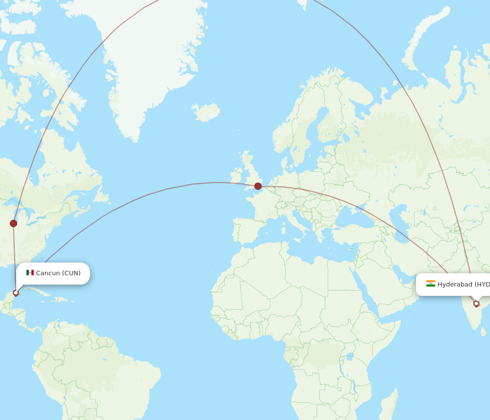 CUN to HYD flights and routes map