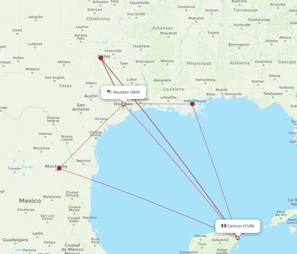 CUN to IAH flights and routes map