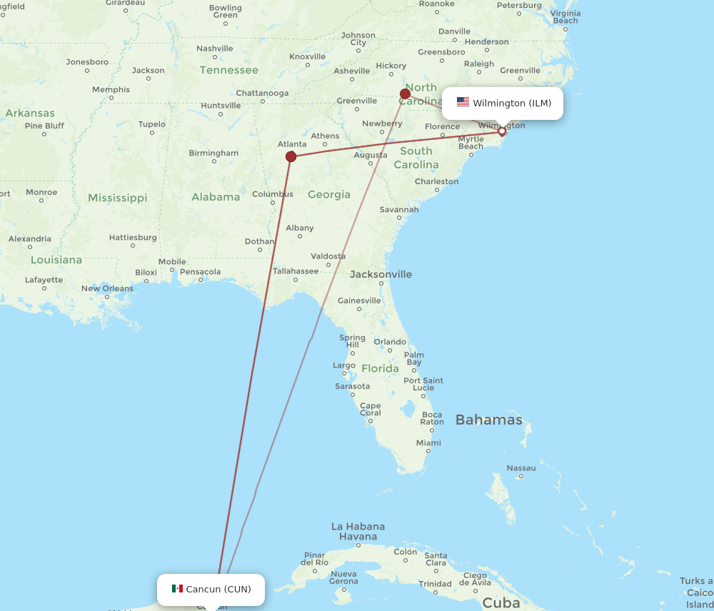 CUN-ILM flight routes