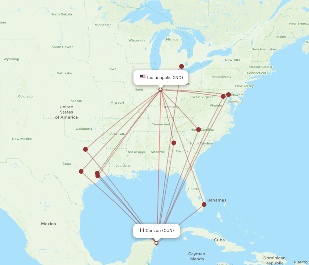 CUN to IND flights and routes map