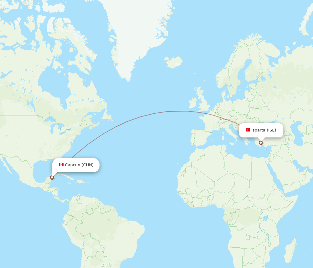 Isparta - Cancun route map and flight paths