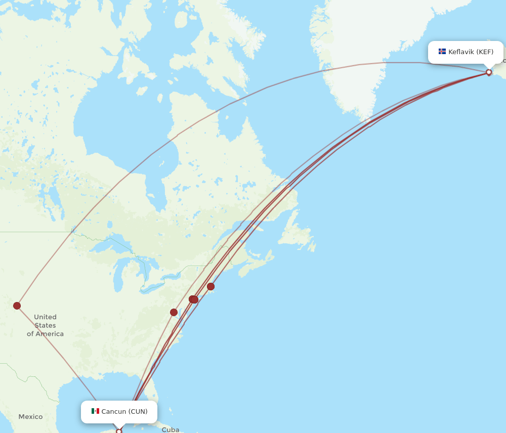 CUN-KEF flight routes