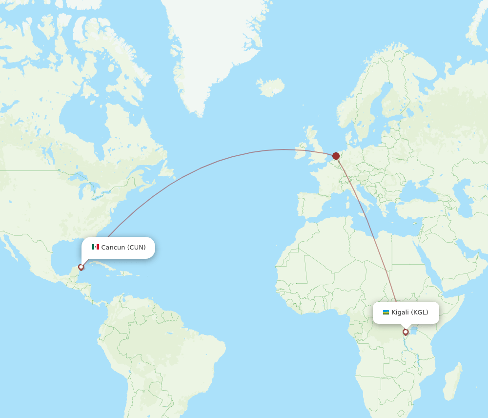 CUN to KGL flights and routes map
