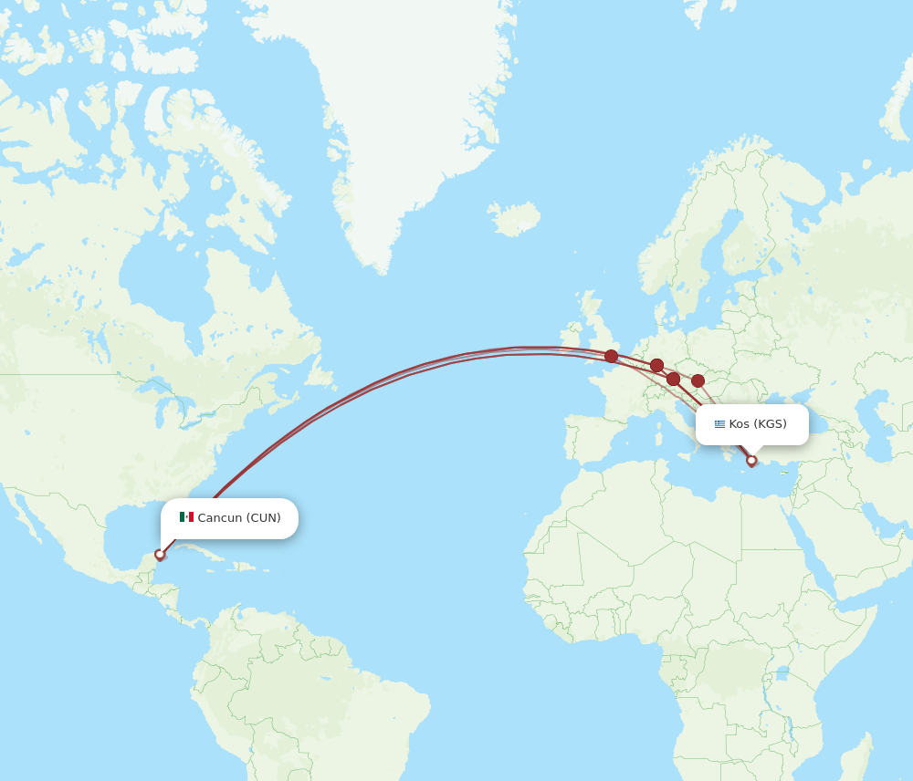 CUN to KGS flights and routes map