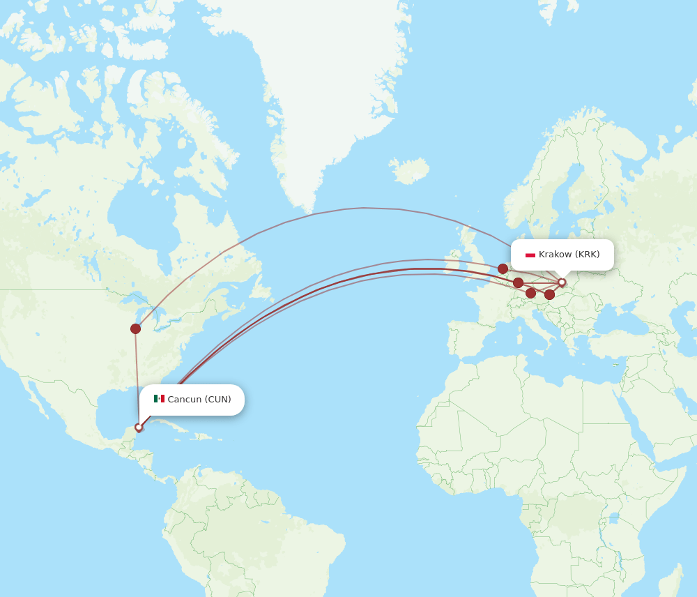 CUN-KRK flight routes