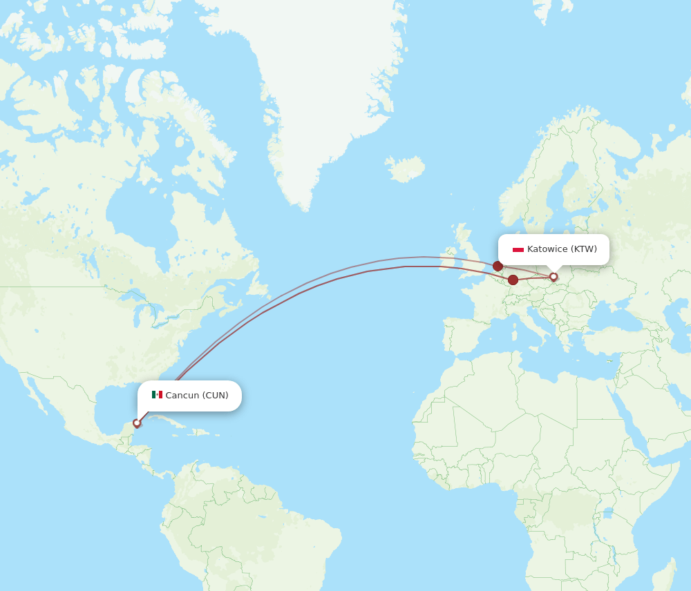 CUN to KTW flights and routes map
