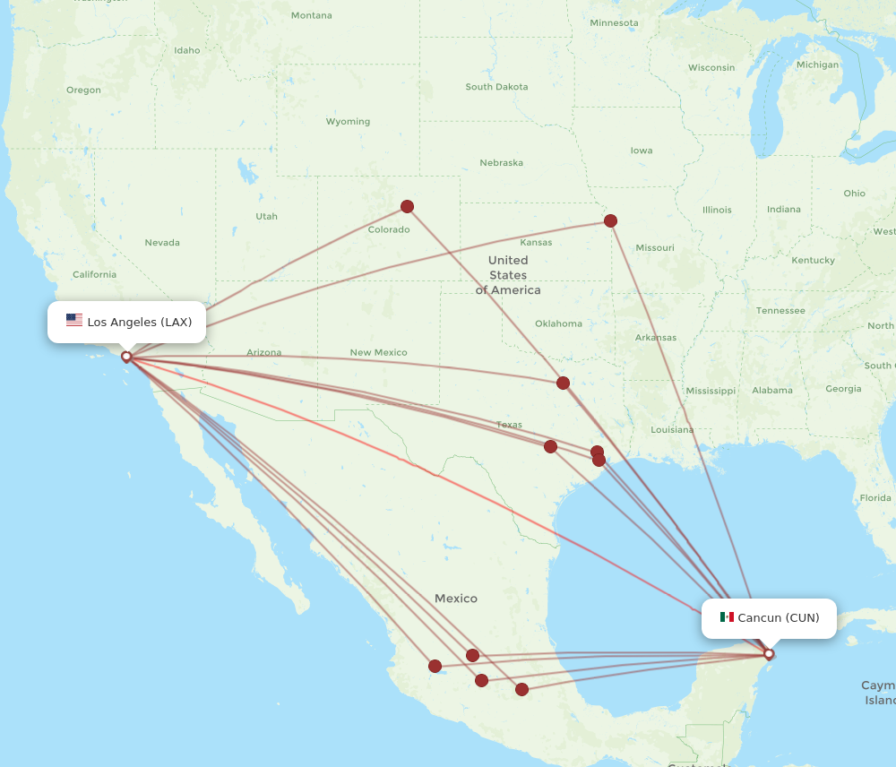 CUN to LAX flights and routes map