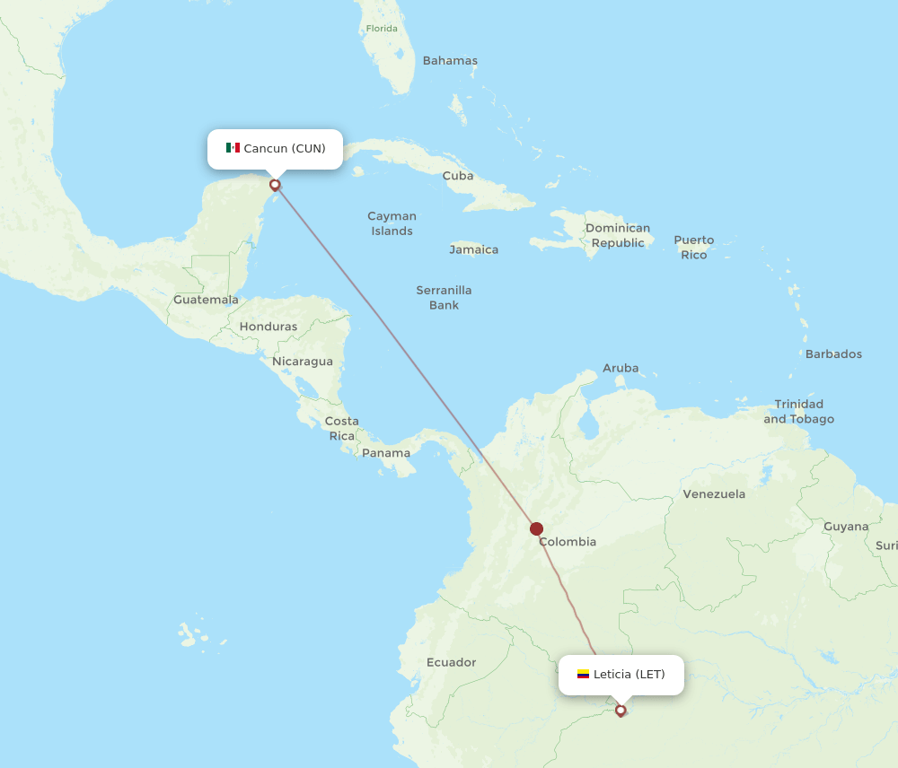 CUN to LET flights and routes map