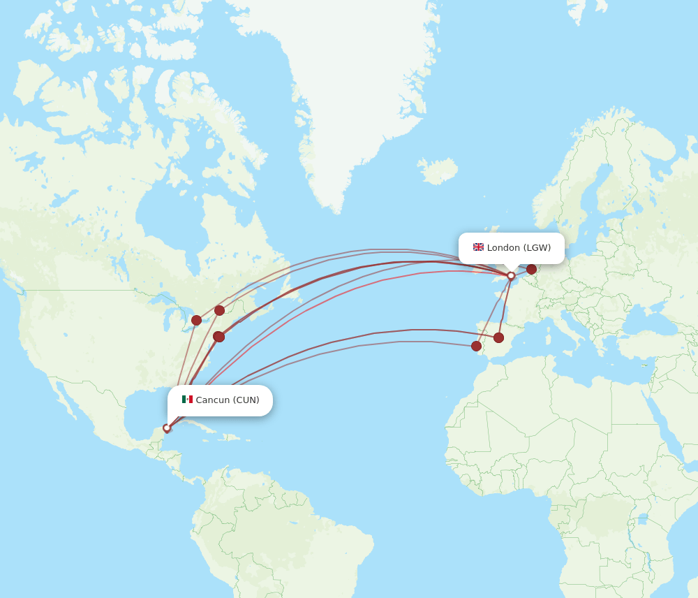 CUN-LGW flight routes