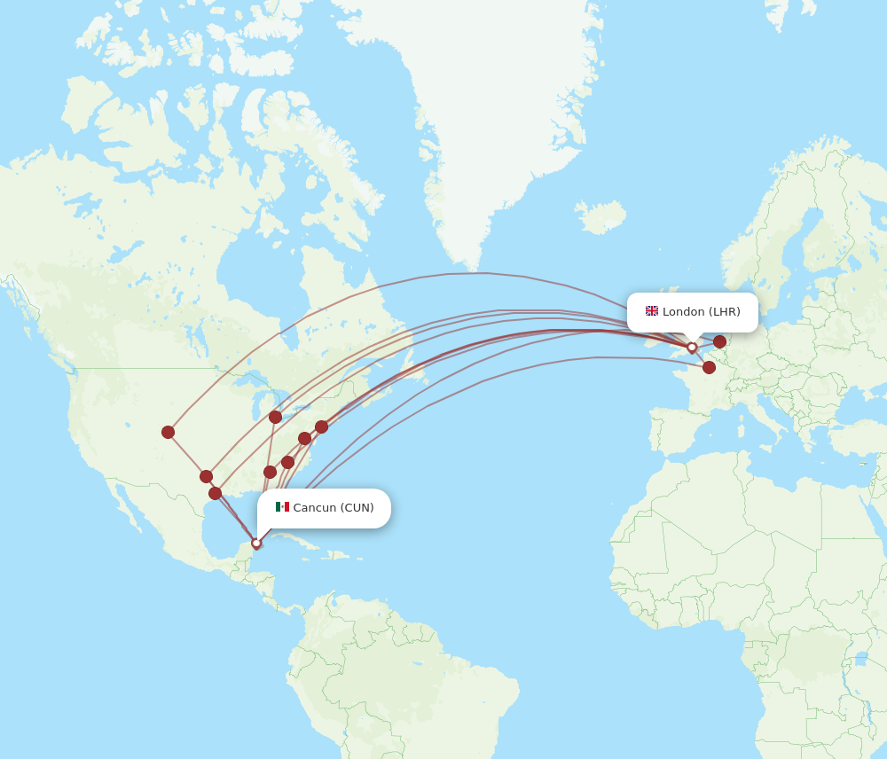 CUN to LHR flights and routes map