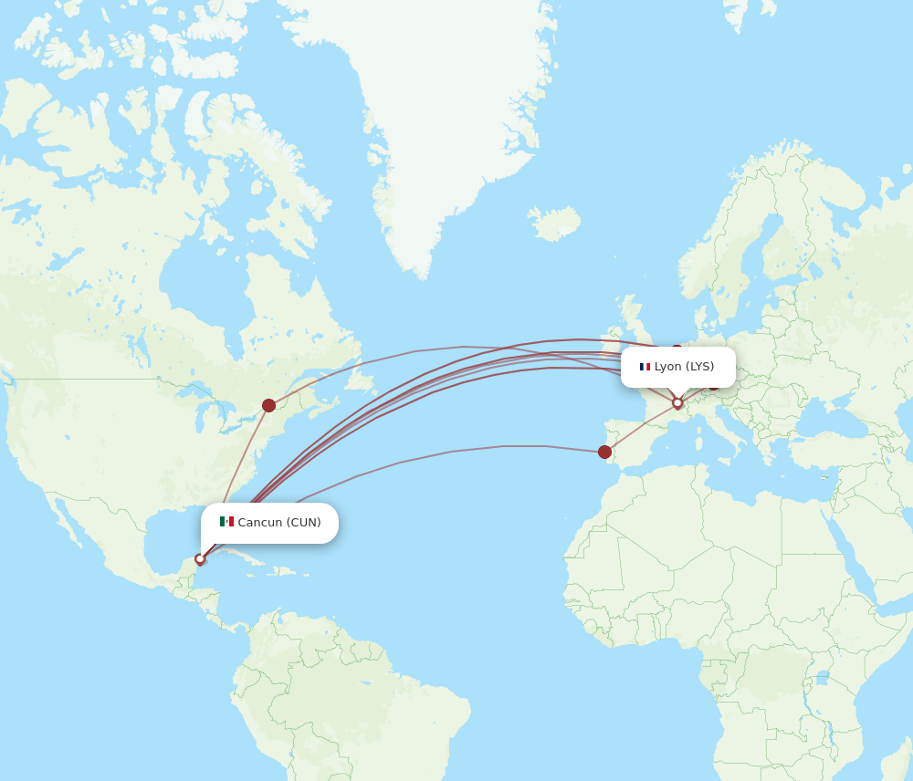 CUN to LYS flights and routes map