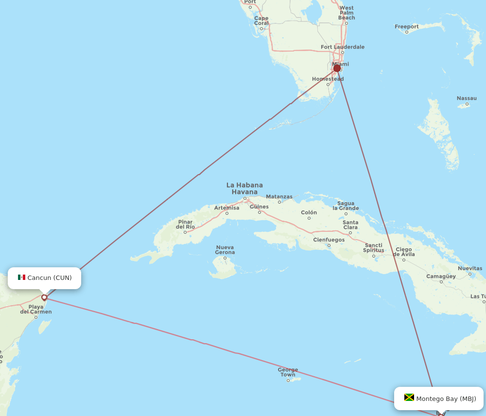 Cancun - Montego Bay route map and flight paths