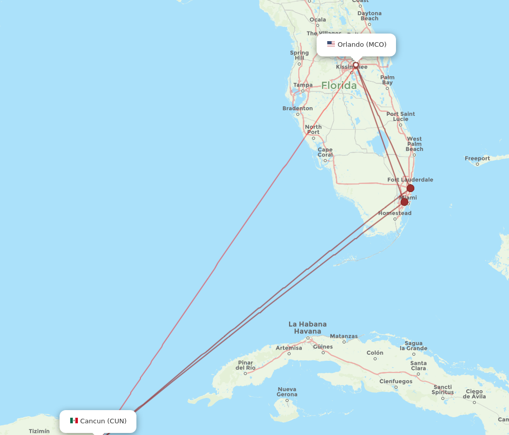 CUN to MCO flights and routes map