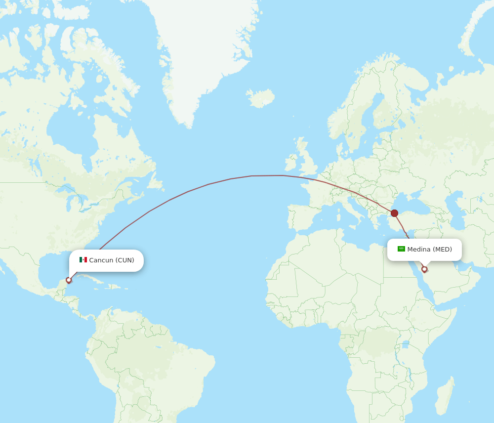 Madinah - Cancun route map and flight paths