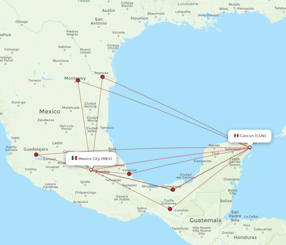 CUN to MEX flights and routes map