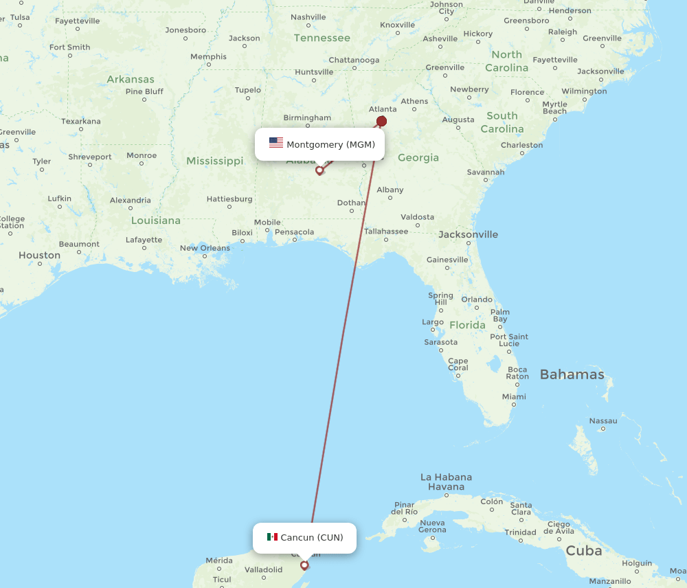 CUN to MGM flights and routes map