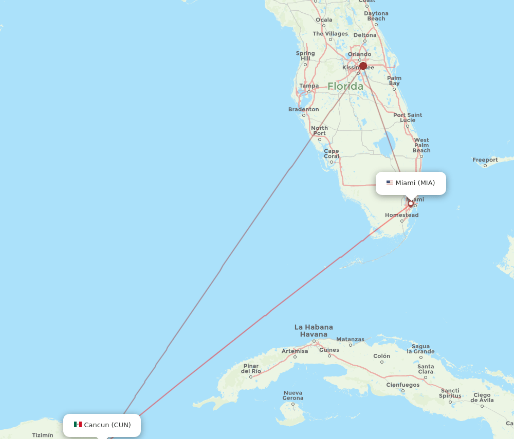 CUN to MIA flights and routes map