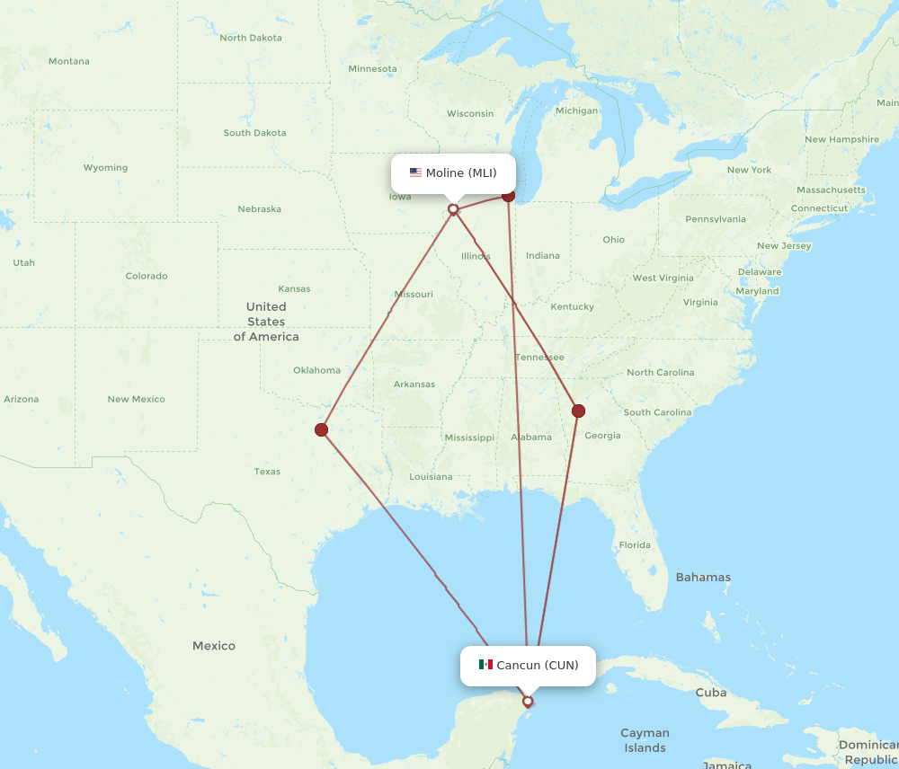 CUN to MLI flights and routes map