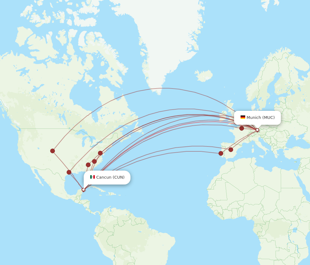 CUN to MUC flights and routes map