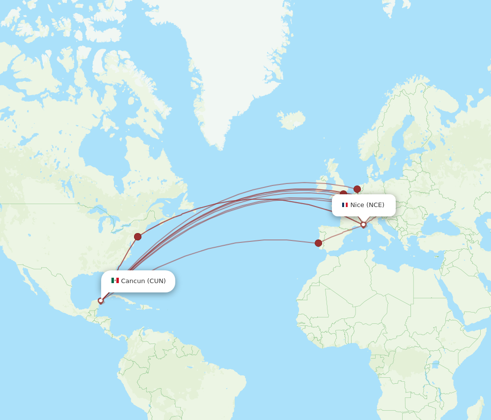 CUN to NCE flights and routes map