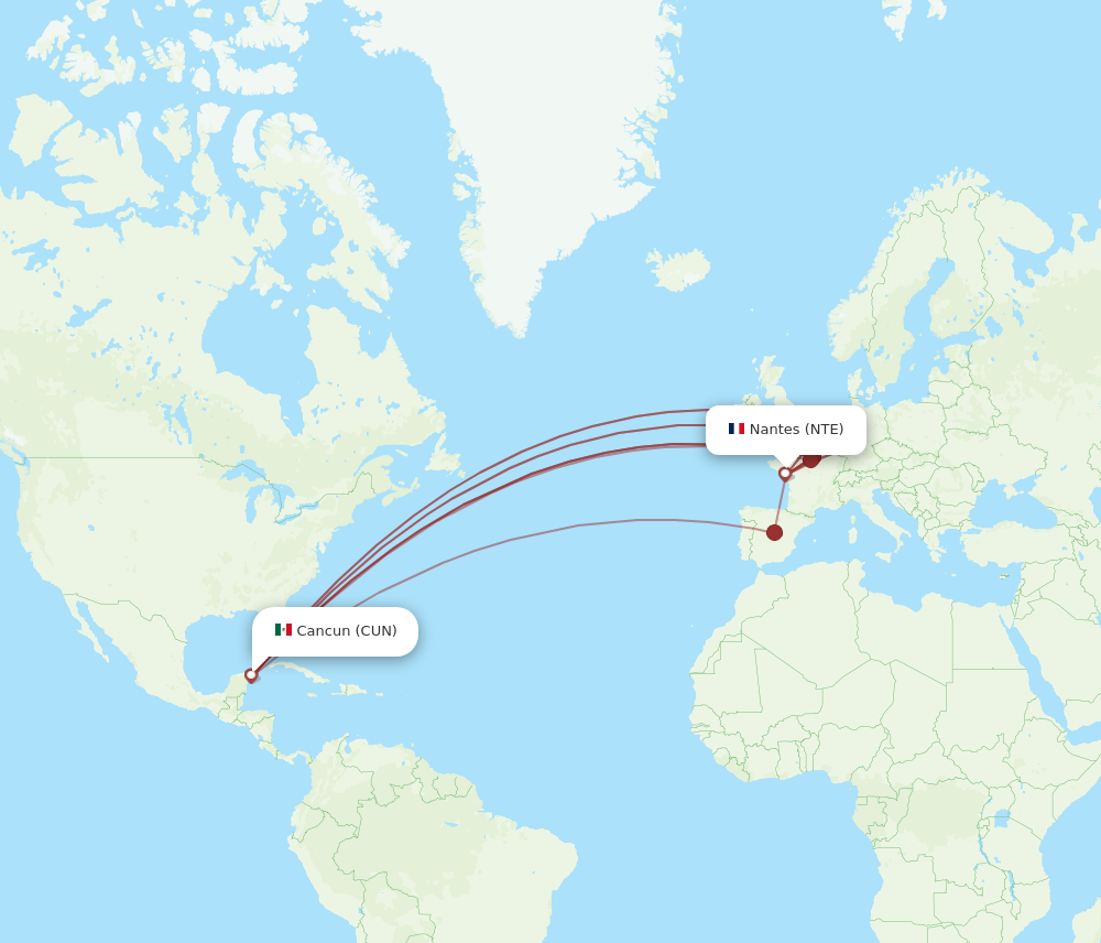 CUN to NTE flights and routes map
