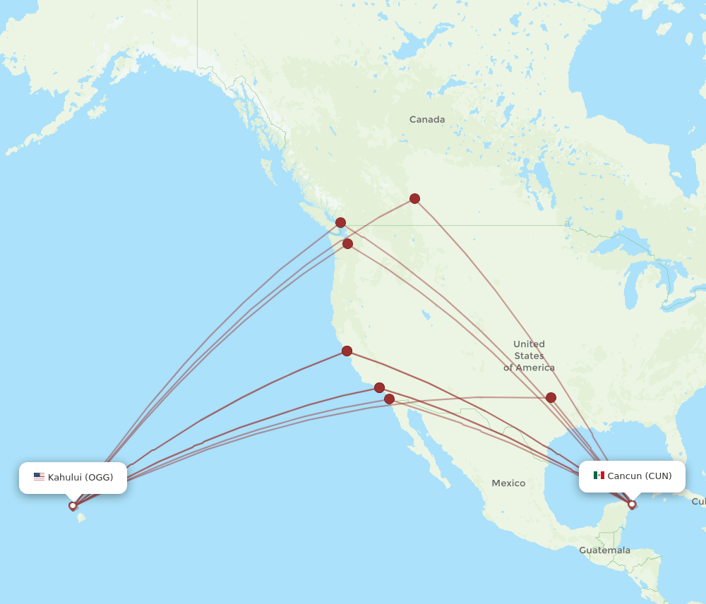 CUN to OGG flights and routes map